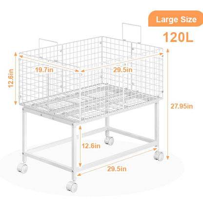 Large Rolling Laundry Basket Cart,Wire Laundry Hamper Cart with Handle and Wheels,White High Laundry Hamper for Laundry Room,Bedroom and Bathroom-120L White (29.5"L*19.7"W*27.95"H inch) - color: White, size: 29.5*19.7*27.95inch
