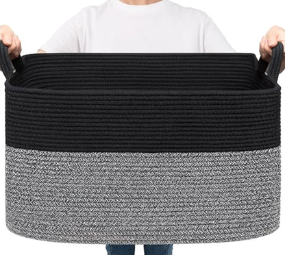 Goodpick Large Woven Rope Blanket Basket, Rectangle, Black & Gray - color: Black & Gray, size: Large(21.6"L x 14.9"W x 11.8"H)