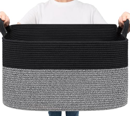 Goodpick Large Woven Rope Blanket Basket, Rectangle, Black & Gray - color: Black & Gray, size: Large(21.6"L x 14.9"W x 11.8"H)