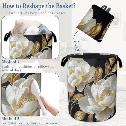 White Flowers Laundry Hamper With Handle,Foldable Oxford Cloth Glitter Blooming Laundry Basket,20.8"x16" Clothes Storage Basket for Laundry Room/Bedroom/Bathroom - color: White Flowers Glitter Blooming