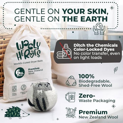 Chemical Free & Baby Safe! Reusable Wool Dryer Balls XL 6-Pack - Reduces Static, Cuts Dry Time, & Softens Naturally - color: Puppy & Friends
