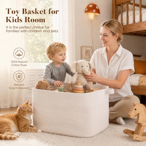 65L Large Woven Blanket Basket for Living Room, 19.7"x15.7"x11.8" - color: White, size: 24"x16.9"x14.2"