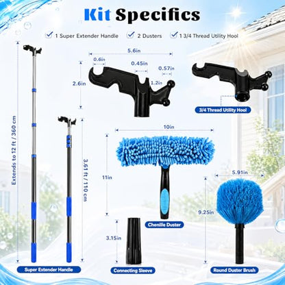 Boat Brush and Boat Hook with 12ft Telescoping Pole, 4 Piece Cleaning Kit with Replaceable Heads, 2-in-1 Window Squeegee & Cobweb Duster for Marine, Rv & High Reach Cleaning - size: 12ft