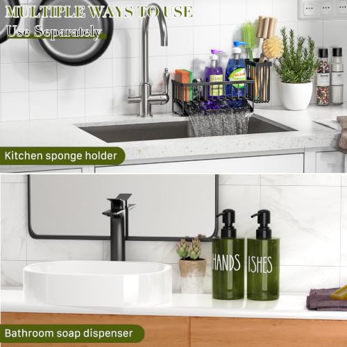 MASADI Kitchen Dish Soap Dispenser Set with Sponge Holder, 12OZ Glass Bottle, Hand and Dish Soap Dispenser Set, Non-Slip Silicone Pad, Brush Holder, Kitchen Sink Organizer Countertop (Black+Green) - color: Black+green