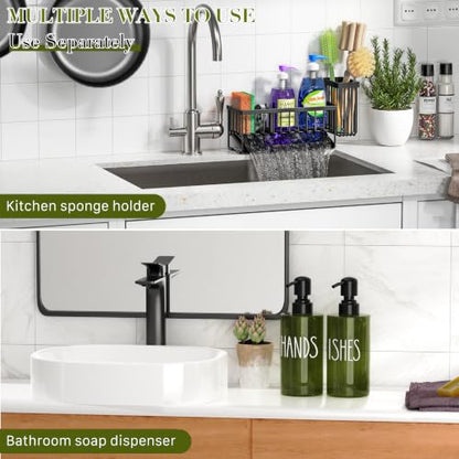 MASADI Kitchen Dish Soap Dispenser Set with Sponge Holder, 12OZ Glass Bottle, Hand and Dish Soap Dispenser Set, Non-Slip Silicone Pad, Brush Holder, Kitchen Sink Organizer Countertop (Black+Green) - color: Black+green