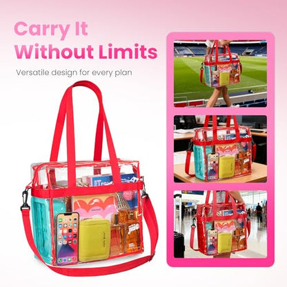 Handy Laundry Clear Bag 12x6x12 Stadium Approved Tote, Zipper Strap - color: Red