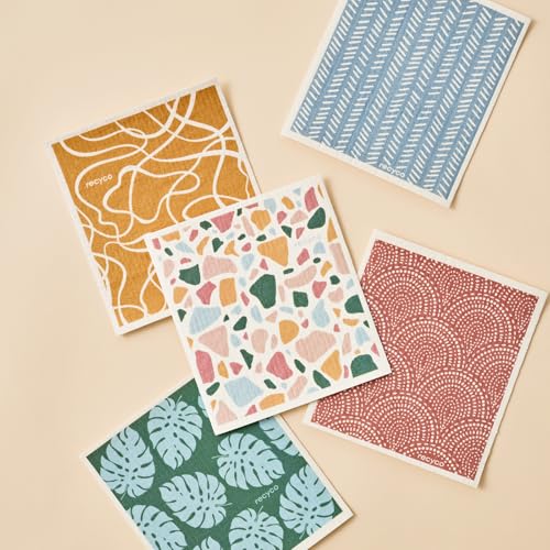 RECYCO Swedish Dishcloths for Kitchen | 5 Pack Urban Boho Terrazzo Washable Dish Rags | Cellulose Reusable Cleaning Paper Towels | Absorbent Counter Dish Cloth Sponge Kitchen Wipes, 8" L x 7" W - color: Urban Boho Terrazzo-5 Pack