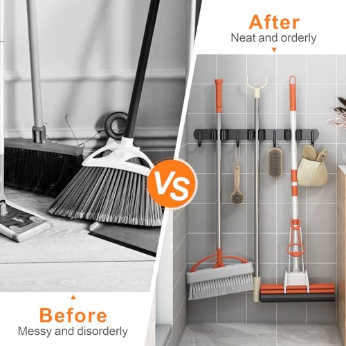 CUXIXA 2 Pack Mop and Broom Holder Wall Mount, Non-slip Broom Hanger Wall Mount, Heavy Duty Mop Broom Organizer for Kitchen Garden Garage Laundry Room Wall Decor Organization and Storage Black 5R4H - color: Black, size: 2 Pack 5 Racks with 4 Hooks