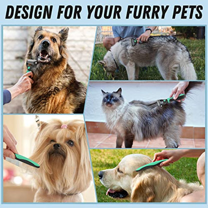 Docrok Pet Grooming Brush and Metal Comb Combo for Dogs & Cats, Green - color: Green