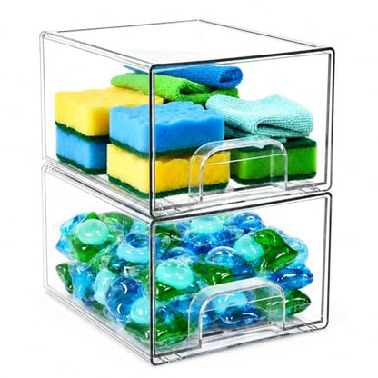 2 Pack Laundry Pods Container, Stackable Laundry Room Organization Storage Drawers, Dryer Sheet Container, Detergent Holder with Pull Handle, Bathroom Organization, Clear