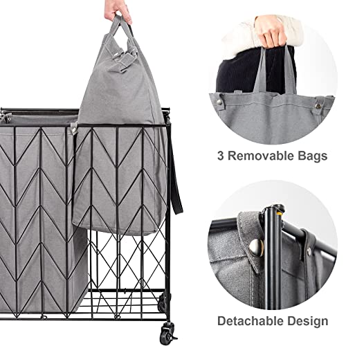 WOWLIVE Laundry Hamper 3 Section with Lid, 142L Laundry Basket with Wheels - color: Grey, size: 142l(28.35 x 13 x 26.4 Inches)
