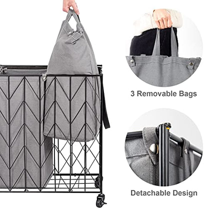 WOWLIVE Laundry Hamper 3 Section with Lid, 142L Laundry Basket with Wheels - color: Grey, size: 142l(28.35 x 13 x 26.4 Inches)