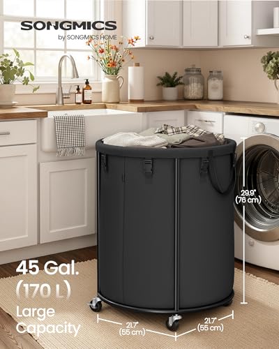 SONGMICS Laundry Basket with Wheels, Removable Liner Bag, 45 Gallon (170 L) - color: Ink Black, size: 170L-Rolling Round