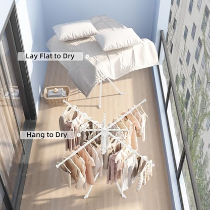 BIREN Clothes Drying Rack Foldable Extending Laundry Rack with 16 Clips Collapsible Clothing Rack Space-Saving Clothing Racks for Hanging Clothes, Indoor, Camping, Balcony, Outdoor - color: White