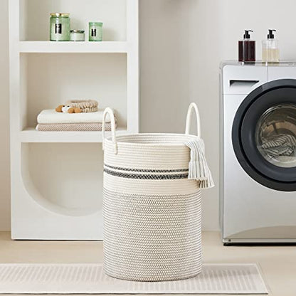 VIPOSCO 72L Tall Woven Laundry Basket Hamper, Stripe White - color: Stripe White, size: 72L