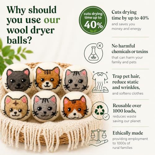 Wool Dryer Balls XL 6-Pack – Organic Wool Dryer Balls for Laundry Reusable, Natural Fabric Softener, Reduces Drying Time, Static, Wrinkles & Clumping - color: Cat Family