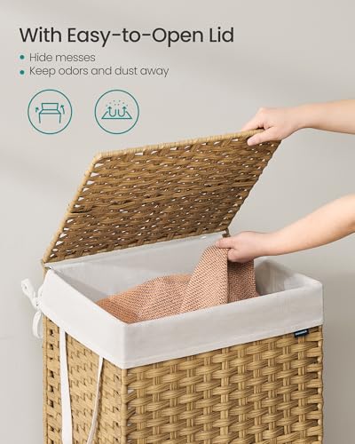 SONGMICS Laundry Hamper with Lid, 29 Gal (110 L) Synthetic Rattan,Foldable - color: Goose Yellow, size: 110 L