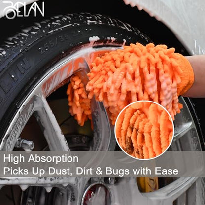 Microfiber Car Wash Mitt, 2 Pack Premium Chenille Wash Mitt, Scratch-Free, Lint-Free, Super Absorbent Car Cleaning Glove for Auto Detailing, Cars, Trucks, SUVs, RVs & Boats