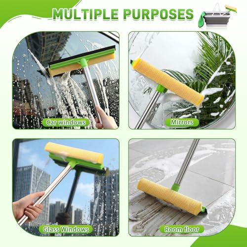 2 in 1 Car Window Squeegee and Collapsible Bucket Set with Long Handle Car Interior Glass Cleaning Tool Reusable Pads Towel Spray Bottle for Home Outdoor Office Commercial Use