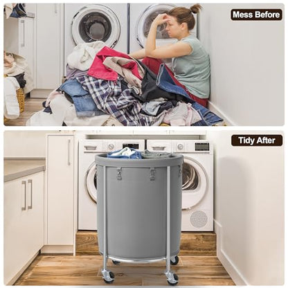 ELYKEN Laundry Basket with Wheels, Round Rolling Laundry Hamper, Gray - color: Gray, size: 170L