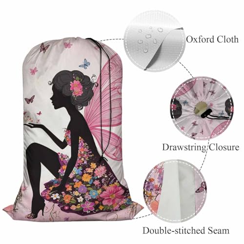 Swono Extra Heavy Duty Laundry Bag Butterfly Girl Fairy, Cartoon Flower Magic Silhouette X-Large Dirty Clothes Drawstring Bag, Washable Laundry Liner for Hamper, Ideal for Camp, Travel - color: Butterfly Girl Fairy