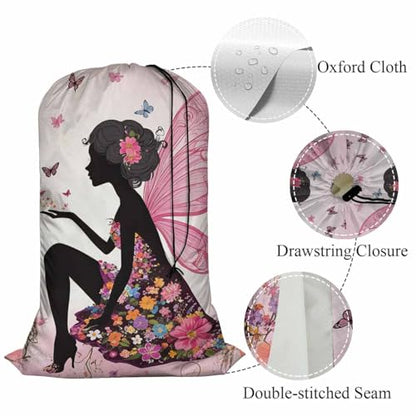 Swono Extra Heavy Duty Laundry Bag Butterfly Girl Fairy, Cartoon Flower Magic Silhouette X-Large Dirty Clothes Drawstring Bag, Washable Laundry Liner for Hamper, Ideal for Camp, Travel - color: Butterfly Girl Fairy