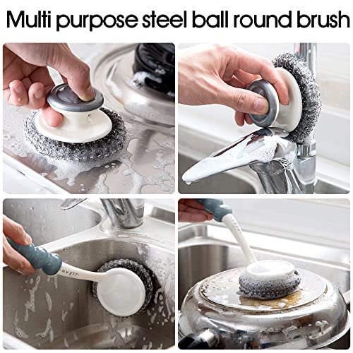 Stainless Steel Wool Scrubber with Handle, Heavy Duty Pot & Dish Scrubber Cleaning Brush Wash for Dish, Stainless Steel Scrubbing Brushes Cleaning Supplies for Pots, Pans, Grills, Sink (3)