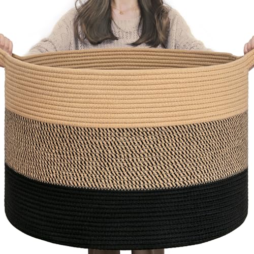 INDRESSME XXXLarge Woven Rope Blanket Basket Living Room, 90L - color: Camel Mix & Black, size: 21.7"D x 13.8"H