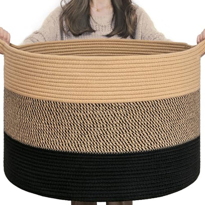 INDRESSME XXXLarge Woven Rope Blanket Basket Living Room, 90L - color: Camel Mix & Black, size: 21.7"D x 13.8"H