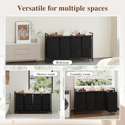 47-Inch Wide Laundry Sorter, 4 Section Hamper Basket Organizer - size: 4 Bags-194L / Rustic Brown + Black