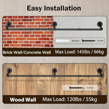 Wall Mounted Clothes Rack, 60in Industrial Pipe Clothing Rack for Hanging Clothes, Heavy Duty Garment Rack Wall, Space-Saving Bar, Multi-Purpose Hanging Rod for Laundry Room, Bedroom, 2 Packs - size: 60.0Inches