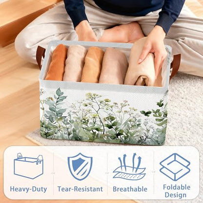 Wildflowers Herb Plants Storage Baskets,Foldable Large Capacity Organizer Bins with Waterproof Lining and Leather Handles for Closet,Shelf,Bedroom 17x11.5x10Inch - color: Wildflowers Herb Plants