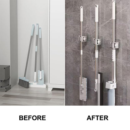2Pcs Broom Holder Wall Mount, Self Adhesive Mop Holder with Anti-Slip Gripper, Cleaning Tools Sticker Hook for Garden Garage Bathroom Kitchen Toilet, Grey