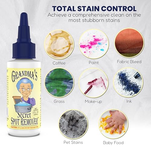 Grandma's Secret Spot Remover for Clothes - Chlorine, Bleach and Toxin-Free - Fabric Stain Remover Removes Oil, Paint, Blood and Pet Stains – 2 Ounce, Pack of 2 - size: 2.00 Fl Oz (Pack of 2), style: Spot Remover