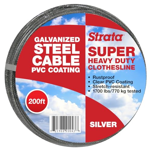 Strata 200 Feet Clothesline Outdoor Heavy Duty Galvanized Wire Steel Cable, Silver PVC Coating - Clothes Line Wires for Outside Laundry Drying - color: Super Heavy Duty, size: 200 feet