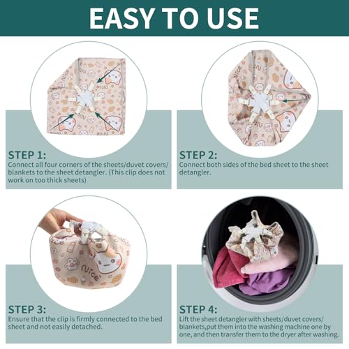 Bed Sheet Detangler with 6-Clip, WAD Preventer Stop Bed Sheets/Duvet Covers/Blankets from Tangling, Twisting & Balling Up in Dryer Washer and Dryer, 4 Pcs(White) - color: White