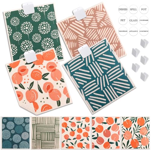 Lucomb 10 Pack Swedish Dishcloths with Hanging Clips, Reusable Swedish Dish Towels Biodegradable Cellulose Cleaning Cloths Washable Dish Wipes for Kitchen Home Office(Quick Drying & Super Absorb) - color: Peach Prints