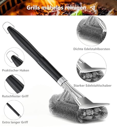 3 in 1 Barbecue Brush, Barbecue Cleaning Brush with Scraper, Stainless Steel Grill Cleaning Brush, 45 cm, Extra Long with Polypropylene Handle, Barbecue Cleaning Brush with Scraper, Stainless Brush