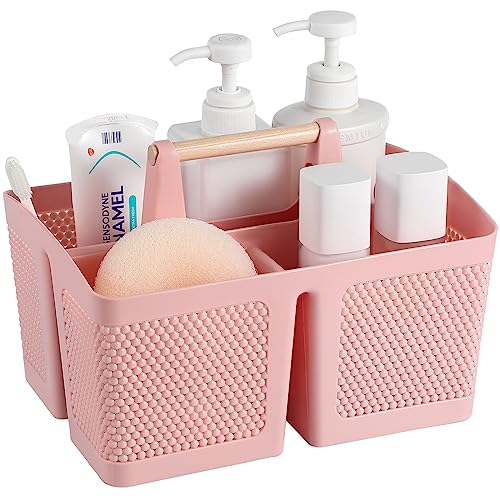 rejomiik Portable Plastic Shower Caddy with Bamboo Handle, Pink - color: Pink