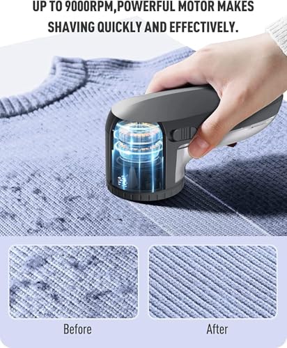 Ruidla Fabric Shaver Defuzzer, Electric Lint Remover, Rechargeable Sweater Shaver with Stainless Steel 3-Leaf Blades, Dual Protection, Removable Bin, Easy Remove Fuzz, Lint, Pills, Bobbles - color: Black