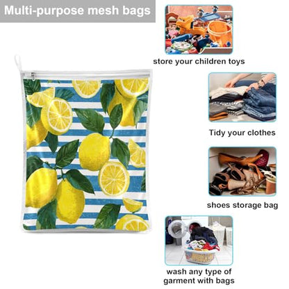 Mesh Laundry Bags Lingerie Bags for Washing Delicates 2 PCS Durable Wash Bag with Zipper Small and Medium Washable Blue Striped Summer Lemons - color: Blue Striped Summer Lemons