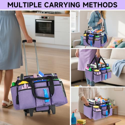 Large Rolling Cleaning Caddy Bag with Detachable Trolley,Cleaning Cart on Wheels with Shoulder Strap,Cleaning Supplies Organizer for Housekeepers,Purple - color: Purple