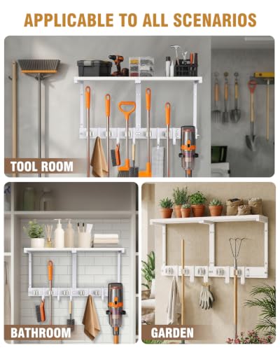 Large Broom Holder Wall Mount with Shelf, Vacuum Organizer, 5 Slots 5 Hooks - color: White, size: Large