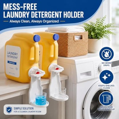 2 Pack Laundry Detergent Dispenser Cup Holder, No-Drip Laundry Detergent Cup Holders and Drip Trays with Easy Press Nozzle Switches, Liquid Detergent Holder for Laundry Room Organization - color: 2 Pack White