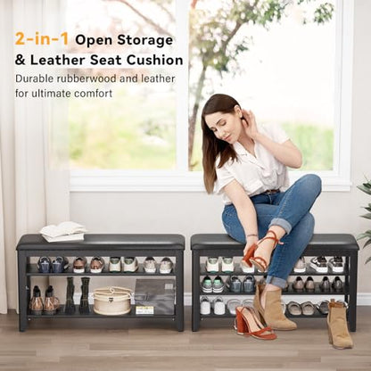 Taitiy Shoe Bench with 3 Tier Adjustable Shelves Rubberwood Entryway 47.2'' - color: Black, size: 47.2''