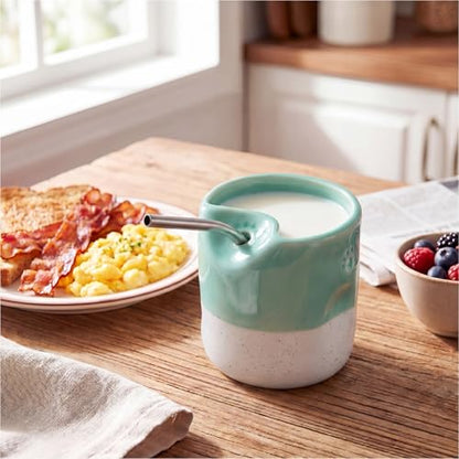 Ceramic Coffee Mug with Sip Hole 10oz Espresso Cup with Straw and Cleaning Brush Paw Pattern Green Cup Porcelain Travel Cups Cappuccino Latte Mug for Kitchen Coffee Bar - color: Green/White