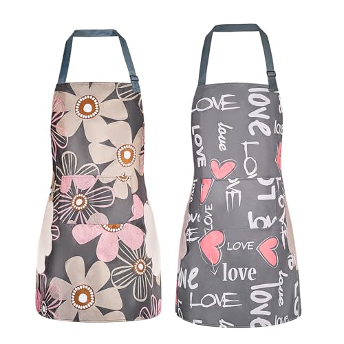 DILLMAN 2 Pack Floral Aprons with Pocket Blooming Womens Waterproof Adjustable Cooking Aprons Kitchen Gardening Salon - color: 2pack #B