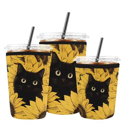 Iced Coffee Sleeve Reusable Neoprene Cup Sleeves, Sunflower Cat - color: Sunflower Cat