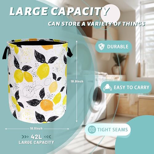 Lemons Laundry Hamper Boho Tropical Fruit Colorful Laundry Basket With Handles Foldable Oxford Cloth Tote Bag Clothes Toy Storage Bucket 18.9 x 16.5 Inch For Bathroom/Laundry/Bedroom - color: Boho Style Hand Drawn Lemons