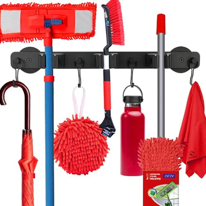 Magnetic Mop Broom Holder,Heavy Duty Movable Magnetic Wall Mount Tool Racks,No Drilling Utility Storage Shovel Hanger for Garage,Closet,Garden,Kitchen,Laundry (4 Hooks 3 Grippers,Black) - style: 4 Slot 3 Hooks Magnetic Mop Holder